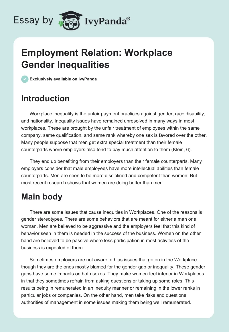 Employment Relation: Workplace Gender Inequalities. Page 1