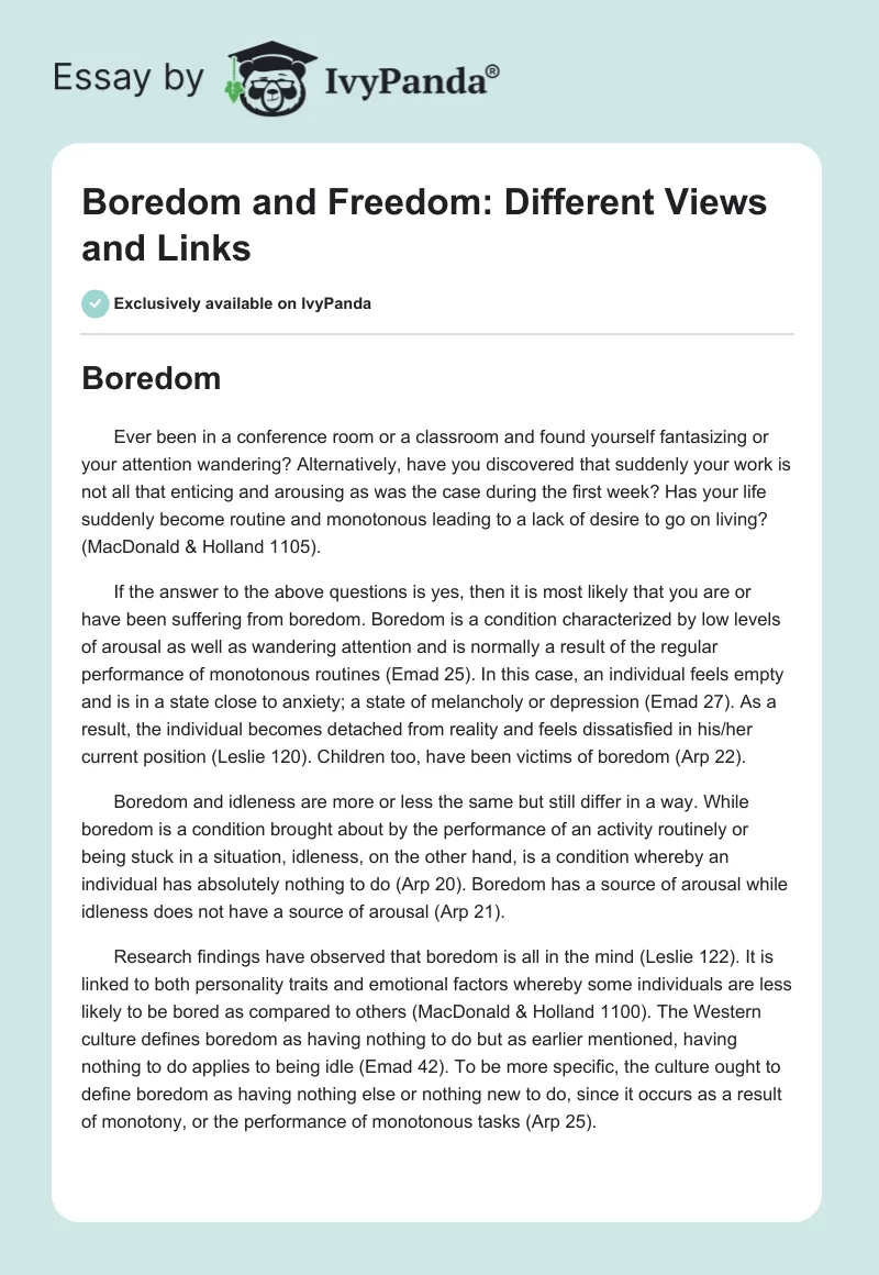 Boredom and Freedom: Different Views and Links. Page 1