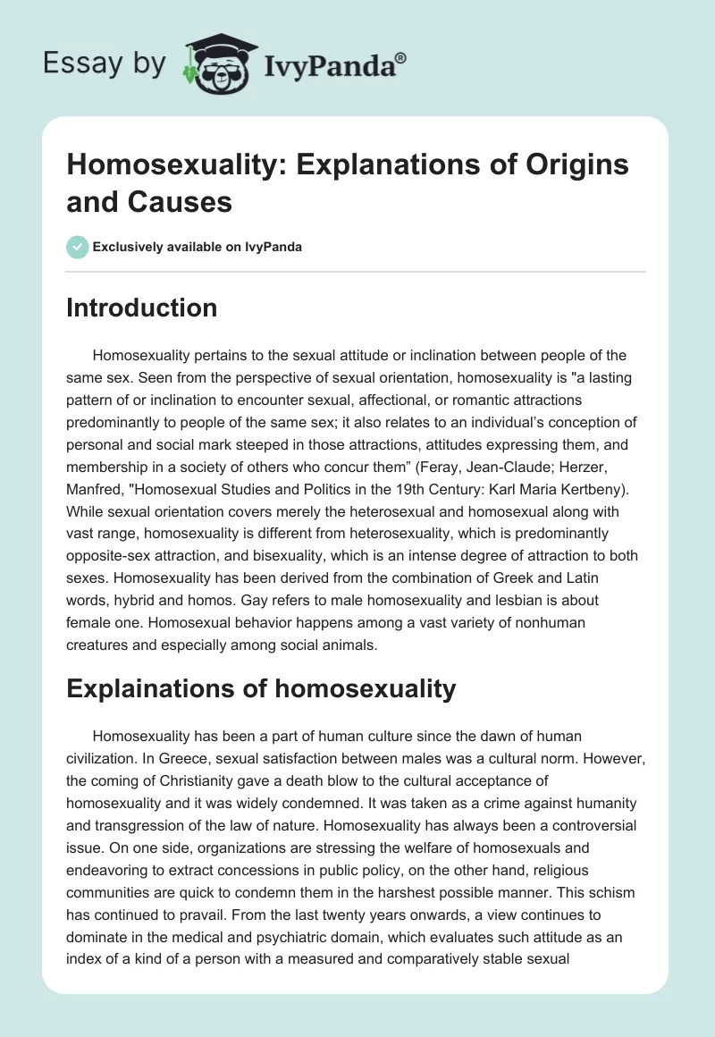 Homosexuality: Explanations of Origins and Causes. Page 1