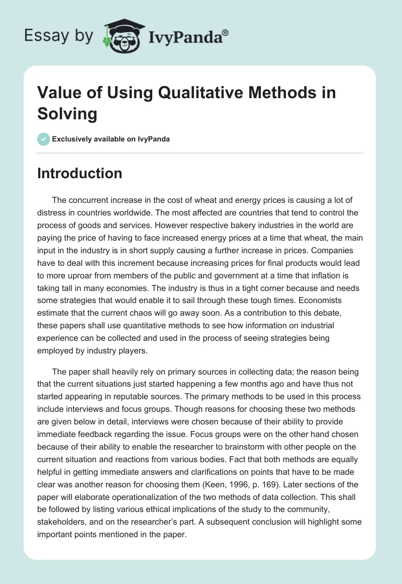 Value of Using Qualitative Methods in Solving. Page 1