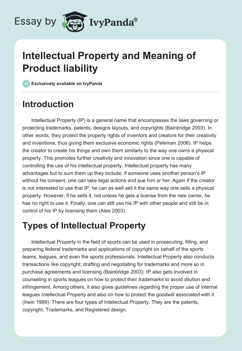 Intellectual Property and Meaning of Product liability. Page 1