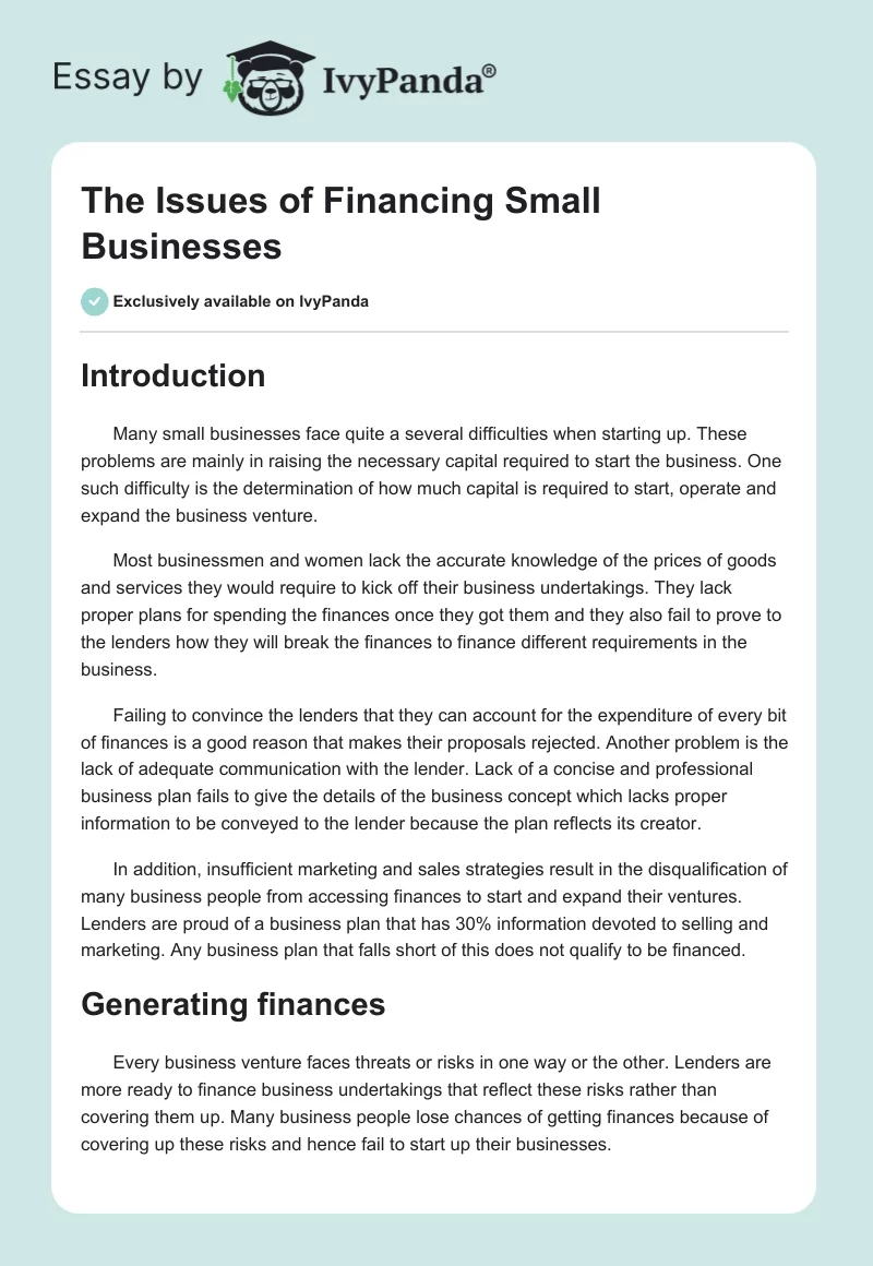 The Issues of Financing Small Businesses. Page 1