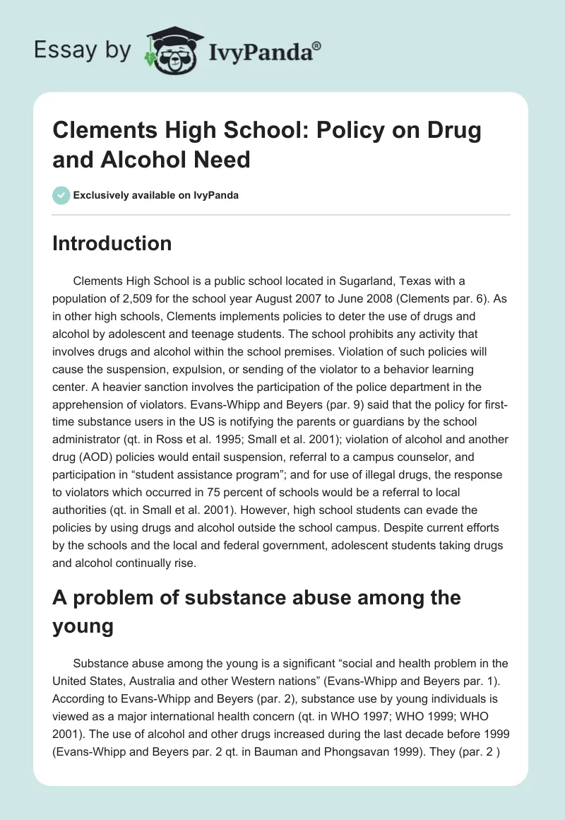 Clements High School: Policy on Drug and Alcohol Need. Page 1
