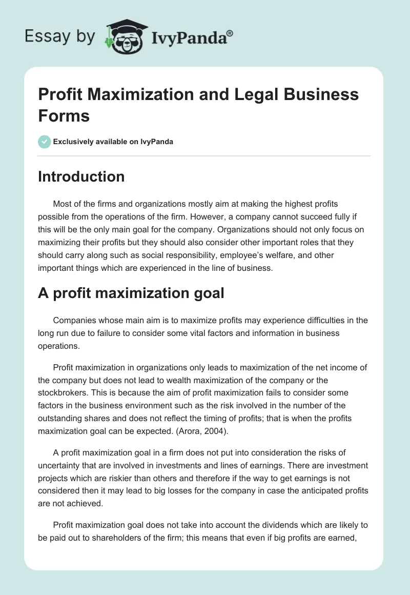 Profit Maximization and Legal Business Forms. Page 1
