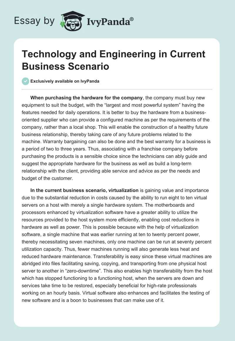 Technology and Engineering in Current Business Scenario. Page 1