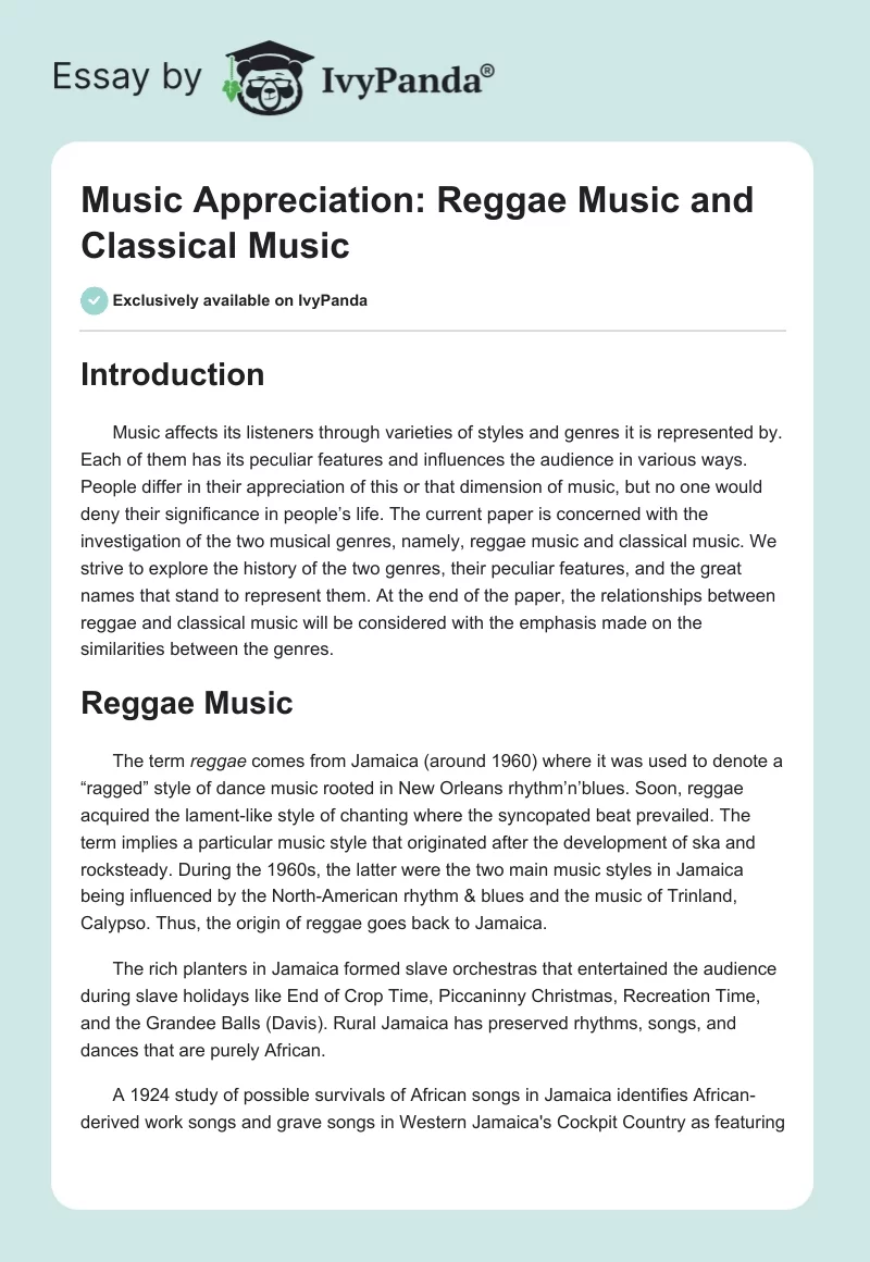 Music Appreciation: Reggae Music and Classical Music. Page 1