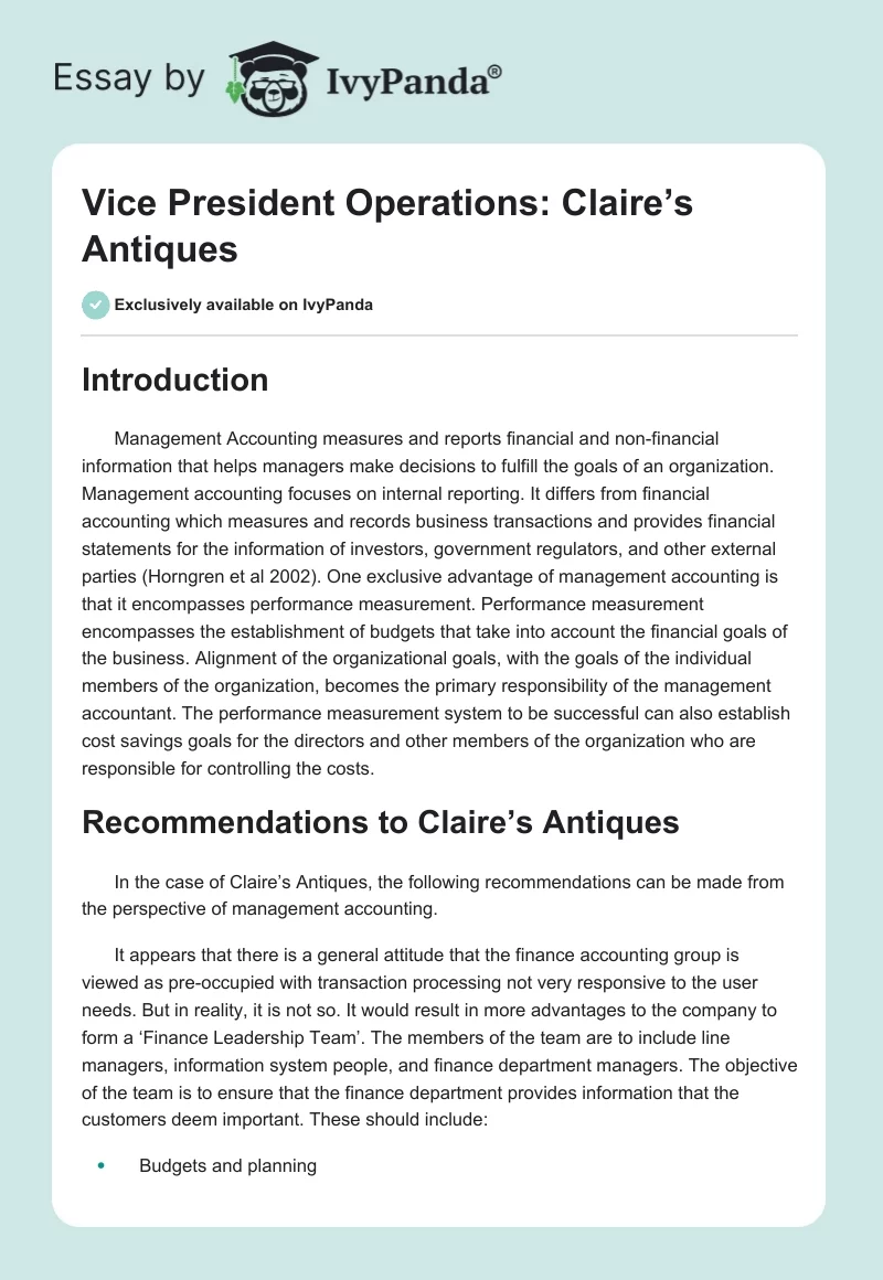 Vice President Operations: Claire’s Antiques. Page 1