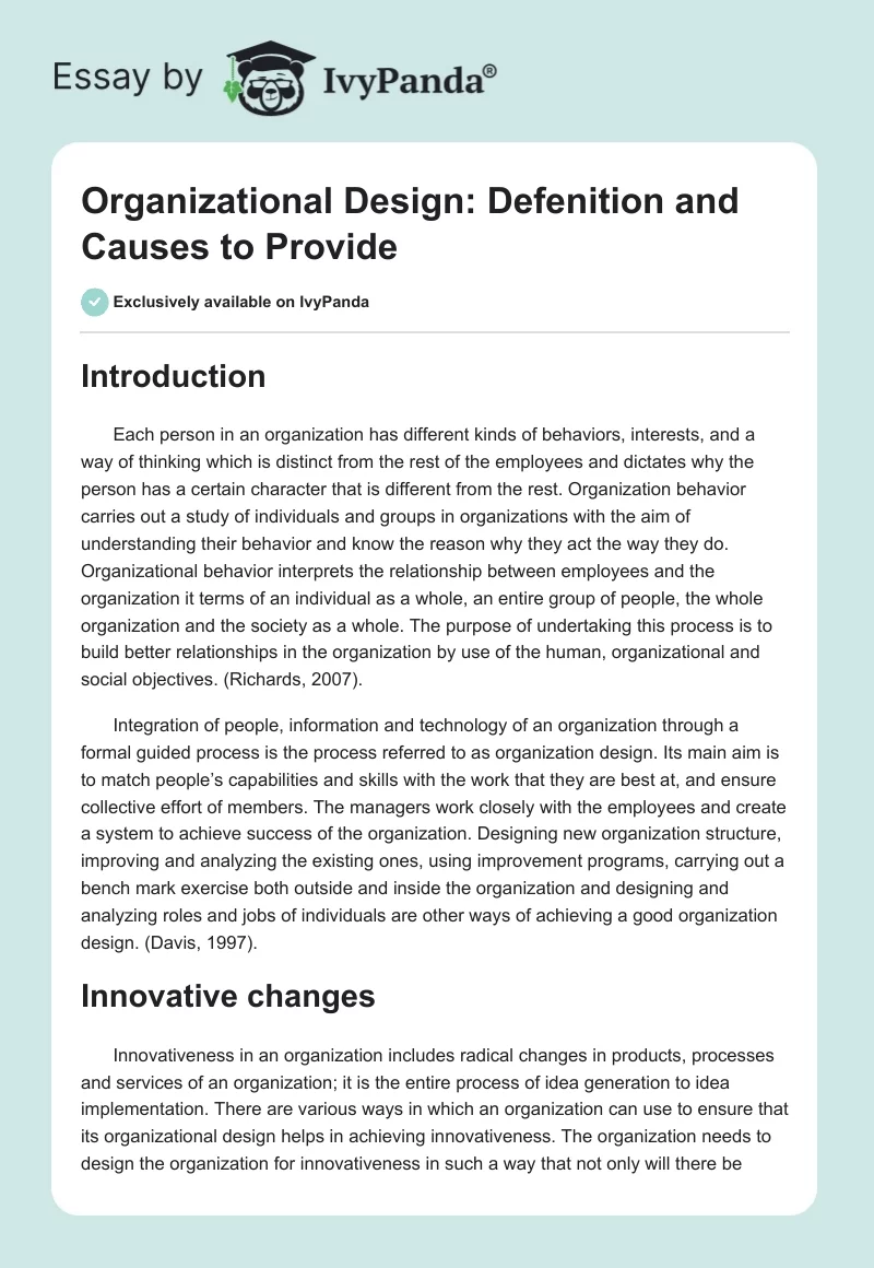 Organizational Design: Defenition and Causes to Provide. Page 1
