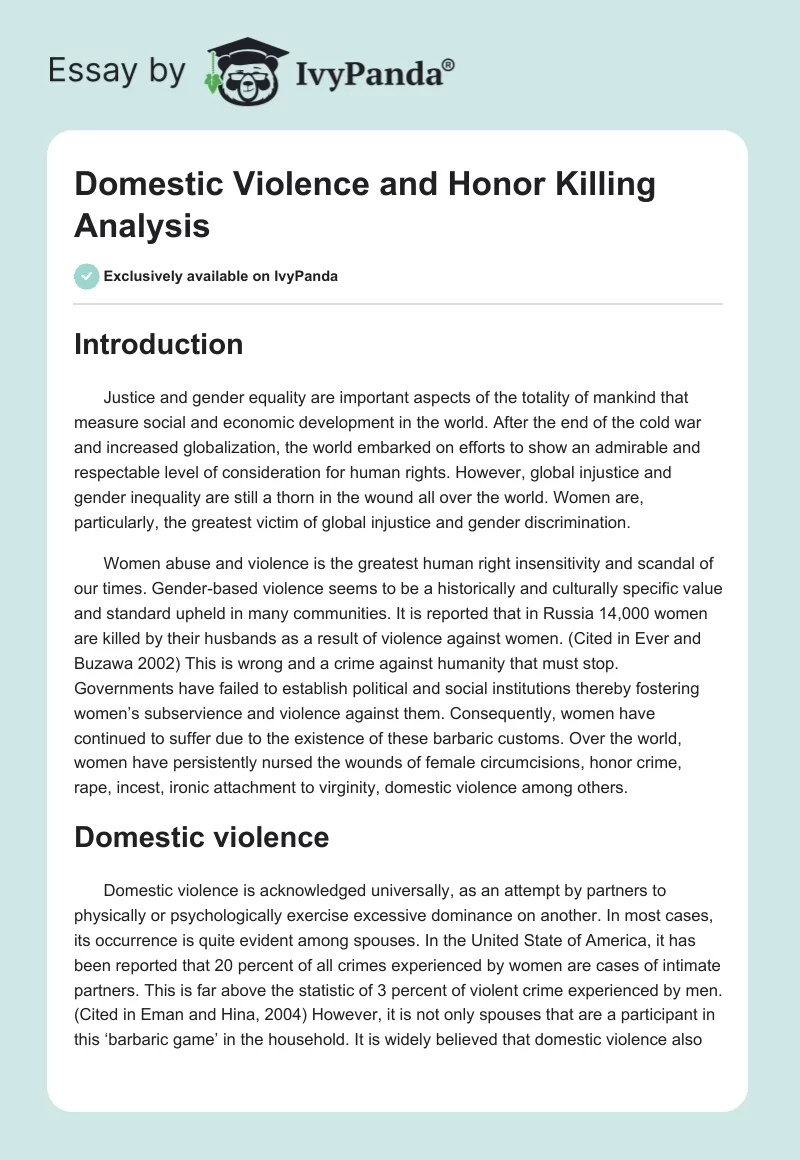 Domestic Violence and Honor Killing Analysis. Page 1