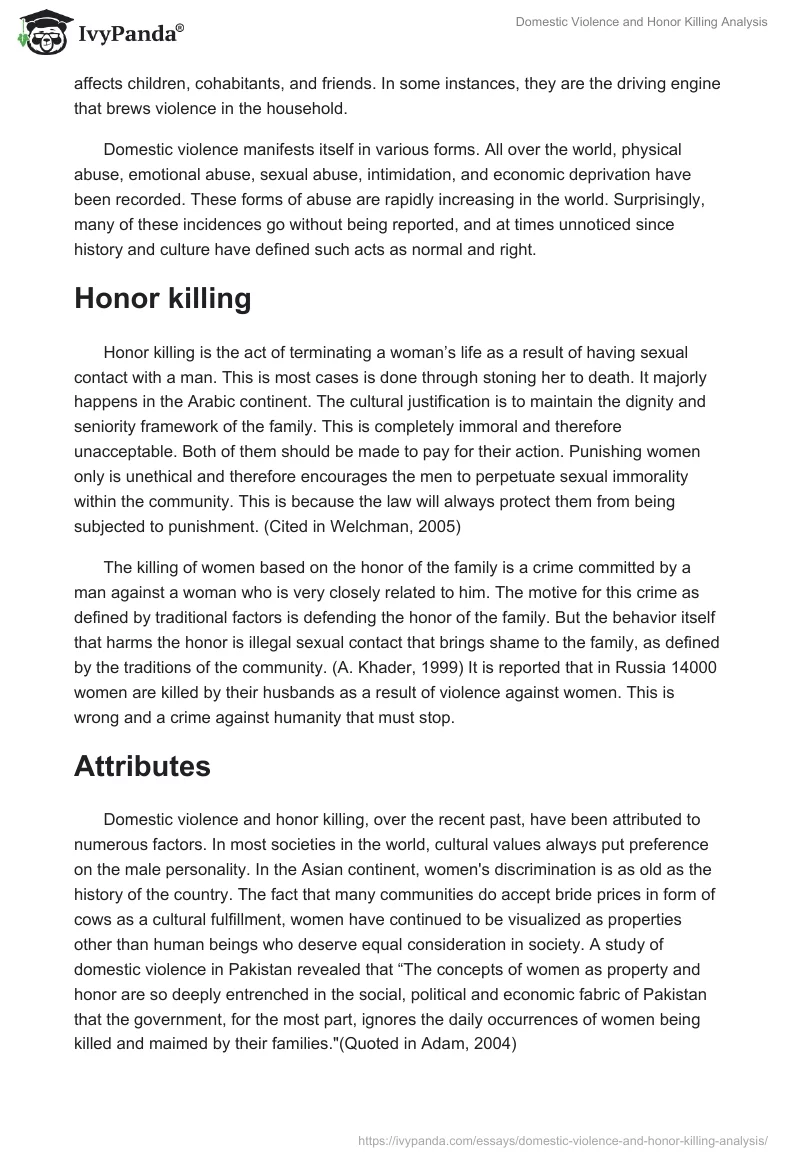 Domestic Violence and Honor Killing Analysis. Page 2