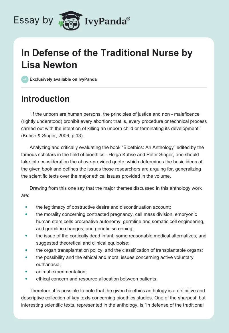 "In Defense of the Traditional Nurse" by Lisa Newton. Page 1