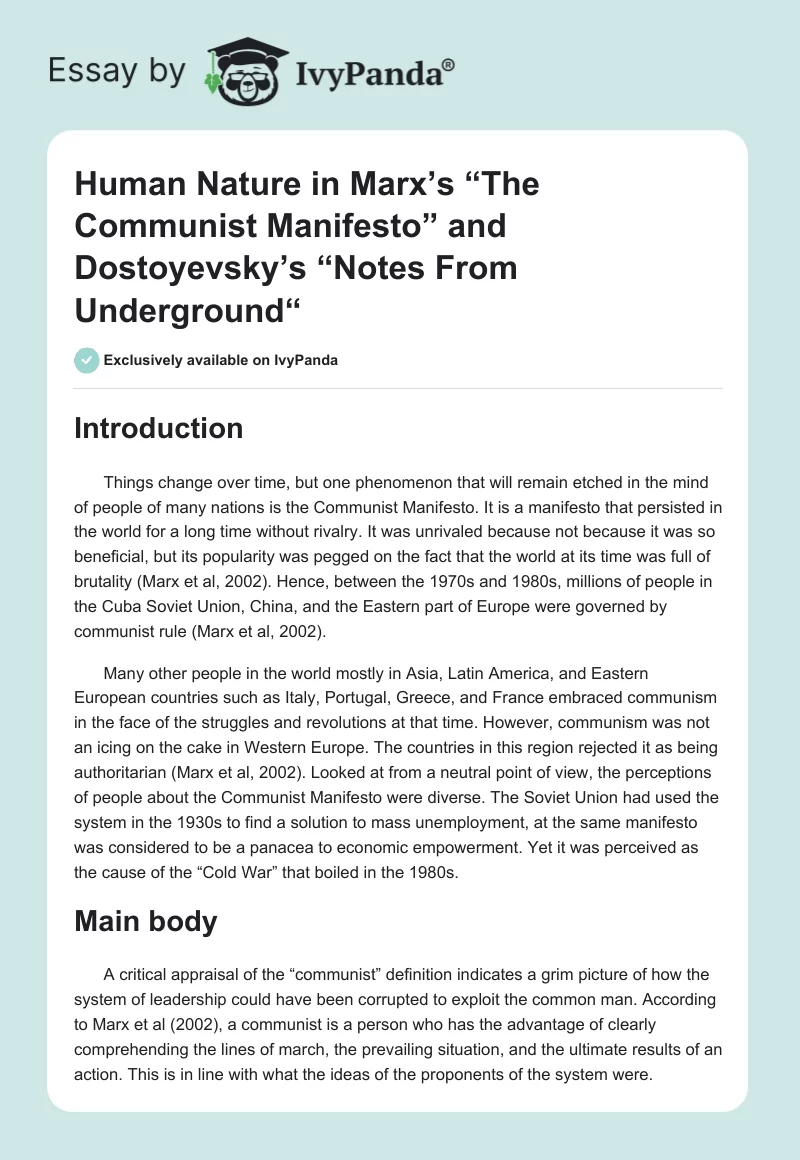 Human Nature in Marx’s “The Communist Manifesto” and Dostoyevsky’s “Notes From Underground“. Page 1