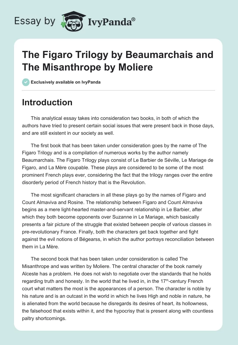 "The Figaro Trilogy" by Beaumarchais and "The Misanthrope" by Moliere. Page 1