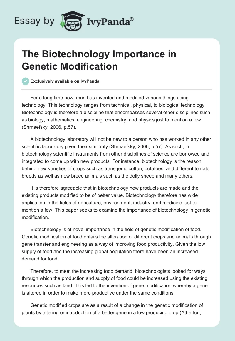 The Biotechnology Importance in Genetic Modification. Page 1