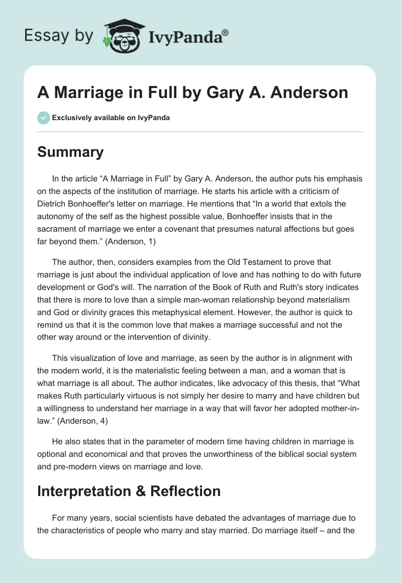"A Marriage in Full" by Gary A. Anderson. Page 1
