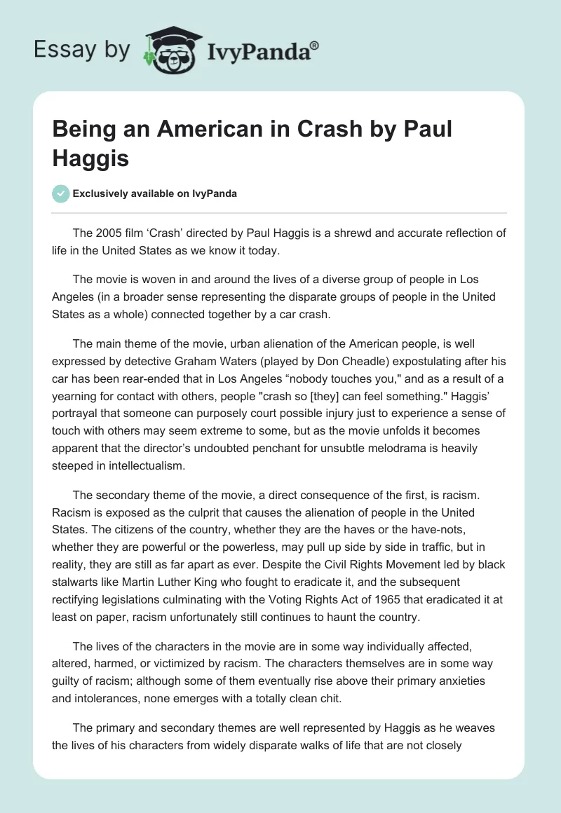 Being an American in "Crash" by Paul Haggis. Page 1