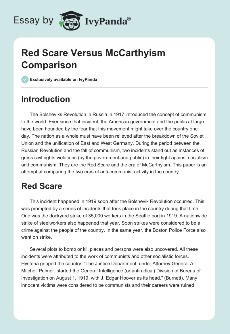 Red Scare Versus McCarthyism Comparison. Page 1