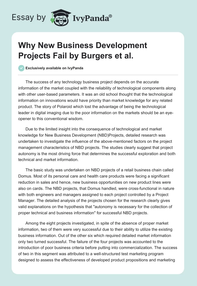 "Why New Business Development Projects Fail" by Burgers et al.. Page 1