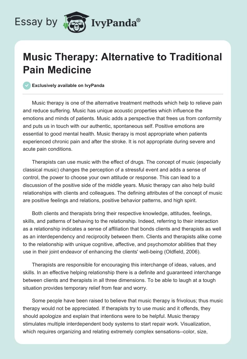 Music Therapy: Alternative to Traditional Pain Medicine. Page 1