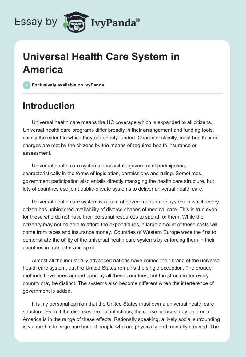 Universal Health Care System in America. Page 1