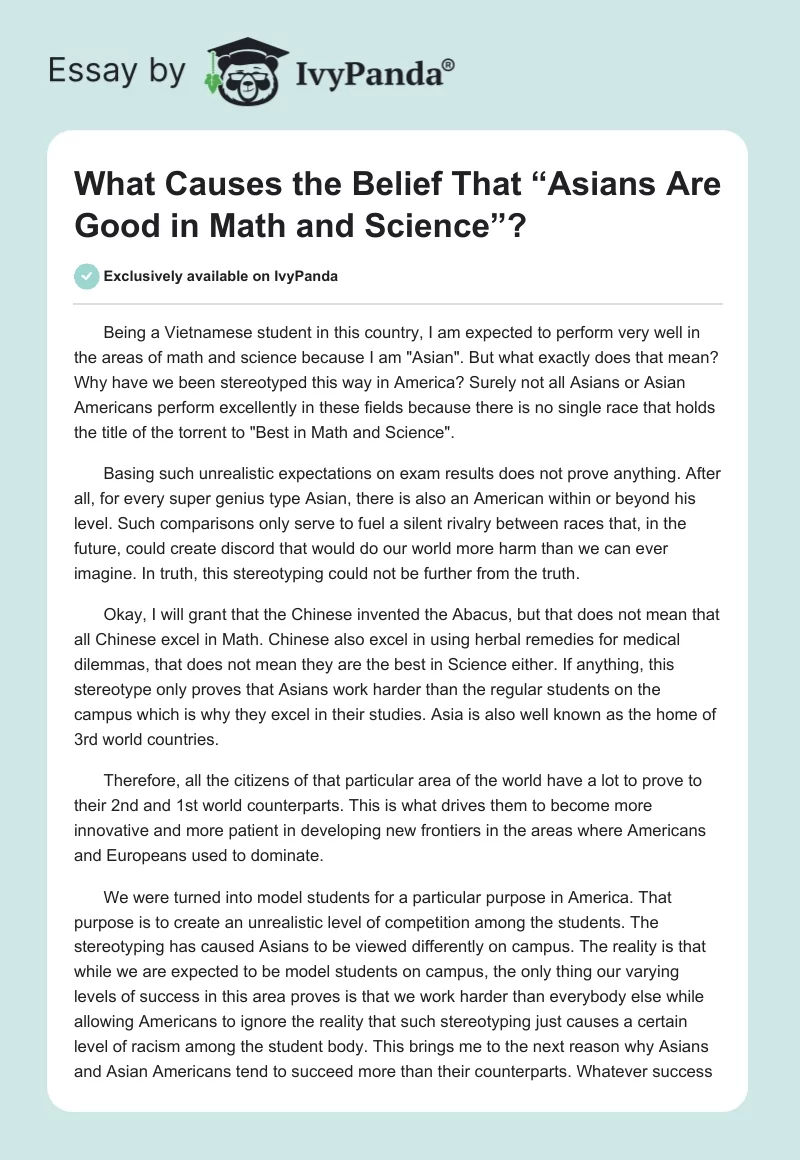 What Causes the Belief That “Asians Are Good in Math and Science”?. Page 1