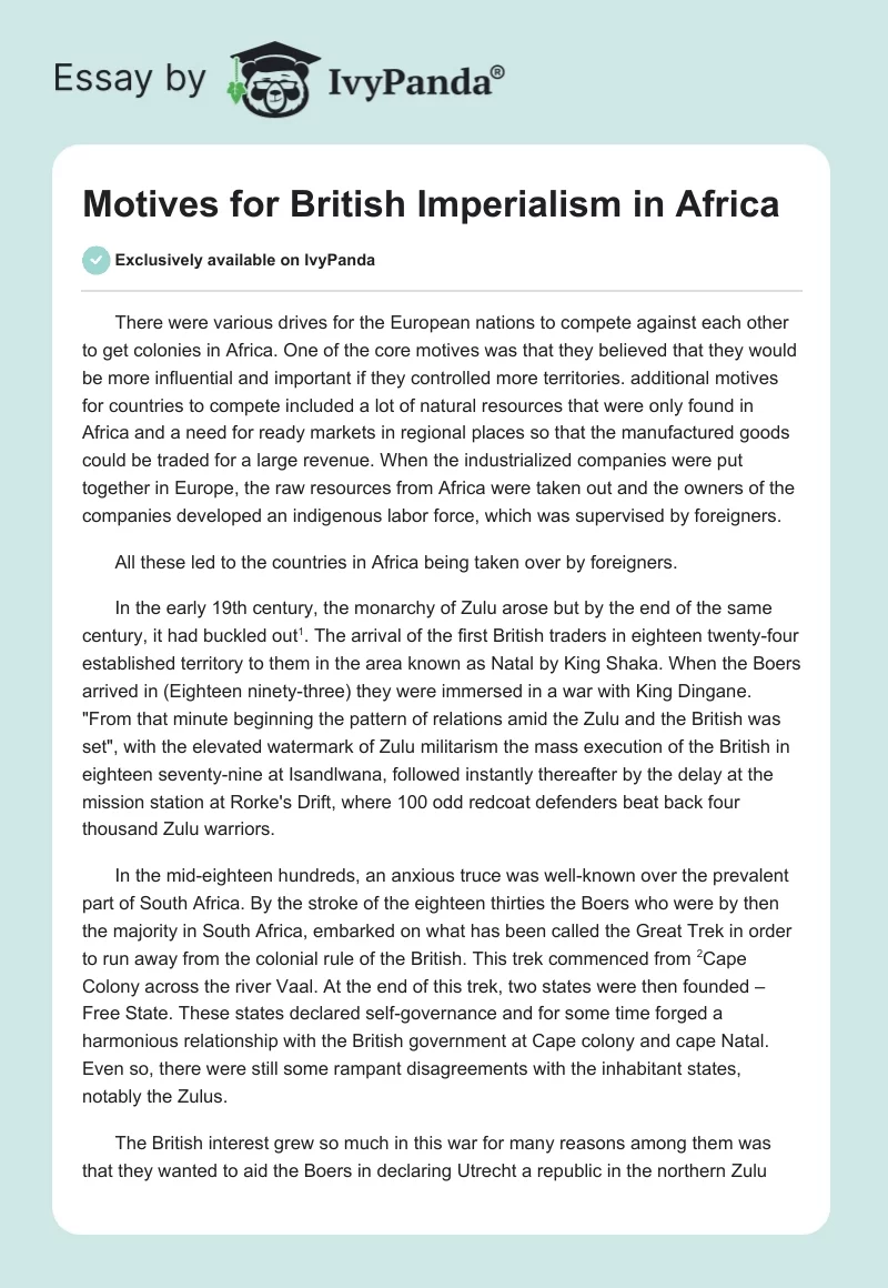 Motives for British Imperialism in Africa. Page 1