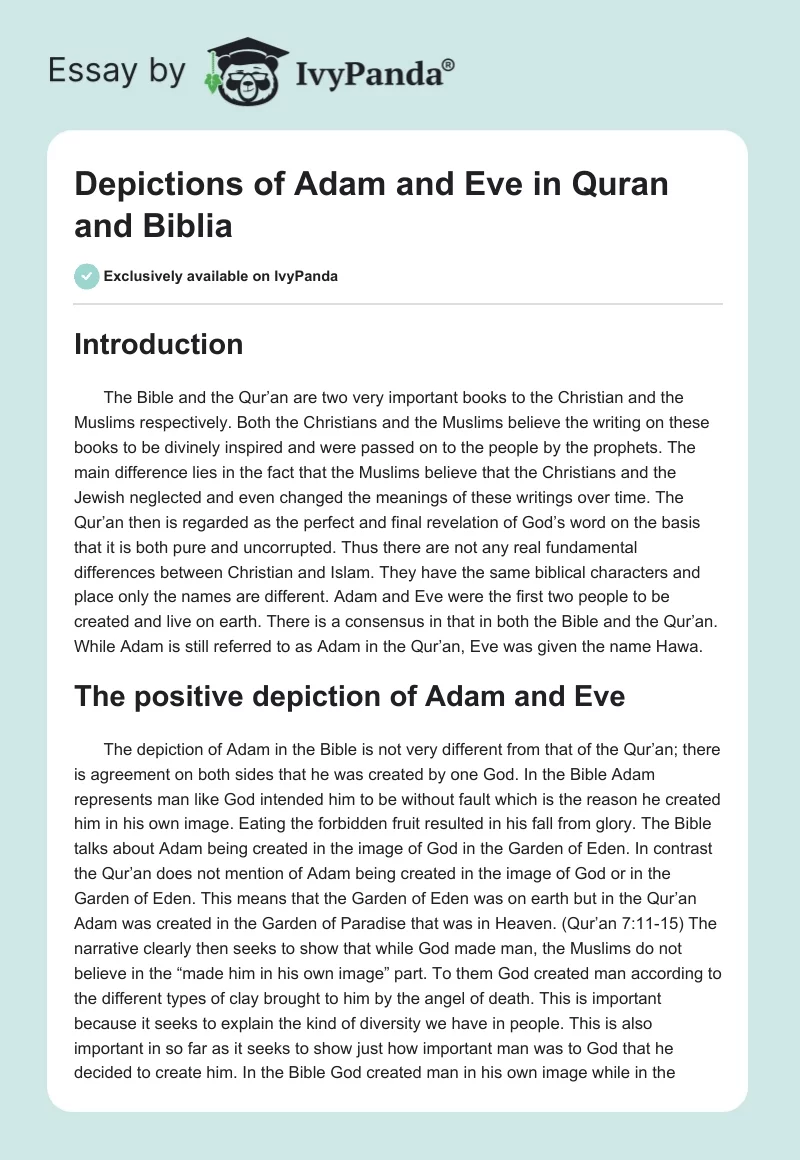 Depictions of Adam and Eve in Quran and Biblia. Page 1