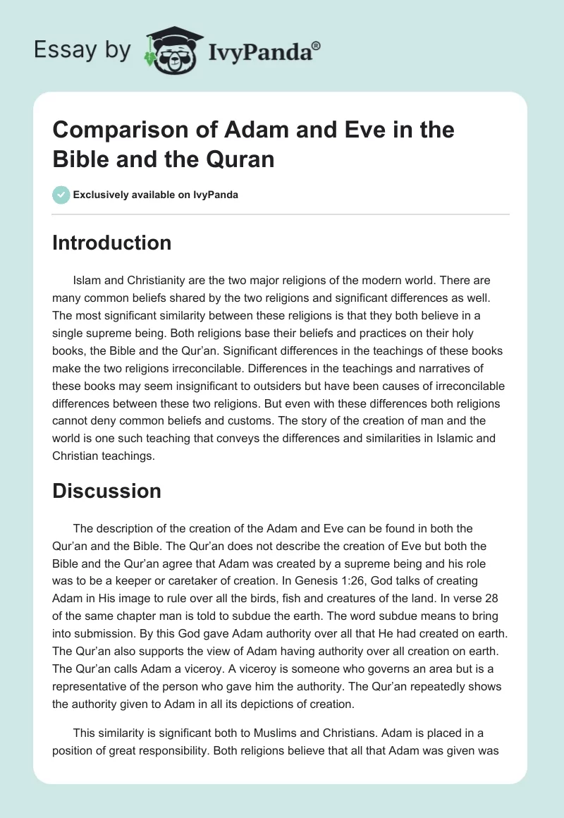 Comparison of Adam and Eve in the Bible and the Quran. Page 1