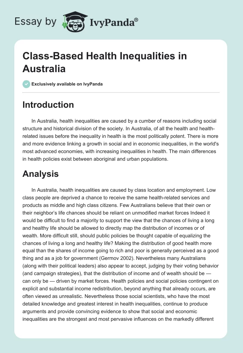 Class-Based Health Inequalities in Australia. Page 1