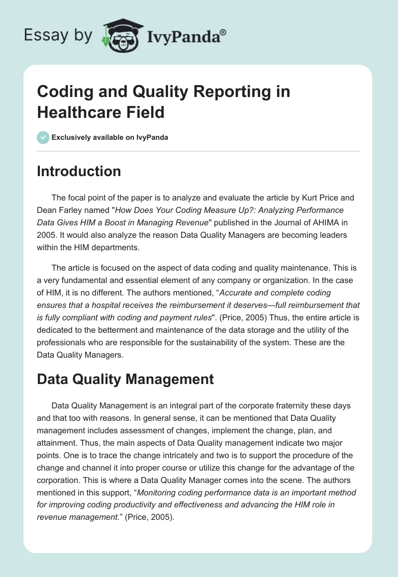 Coding and Quality Reporting in Healthcare Field. Page 1