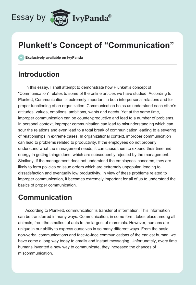 Plunkett’s Concept of “Communication”. Page 1