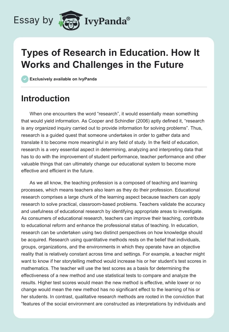 Types of Research in Education. How It Works and Challenges in the Future. Page 1
