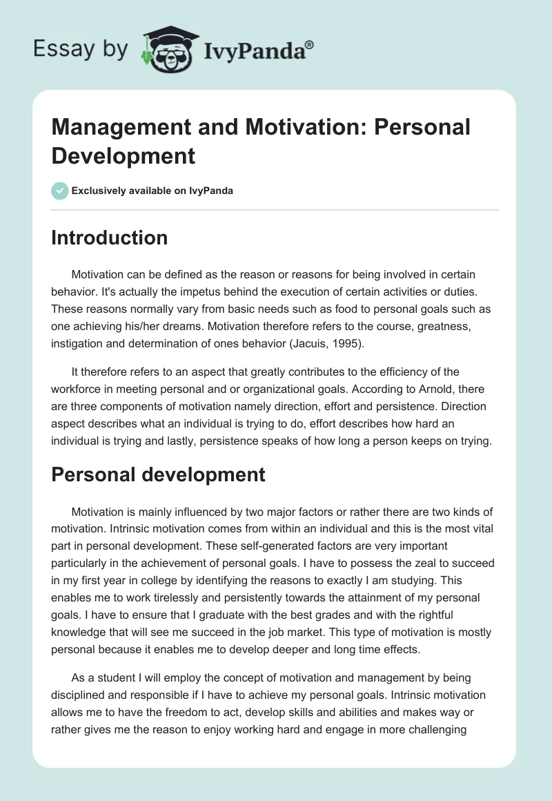 Management and Motivation: Personal Development. Page 1