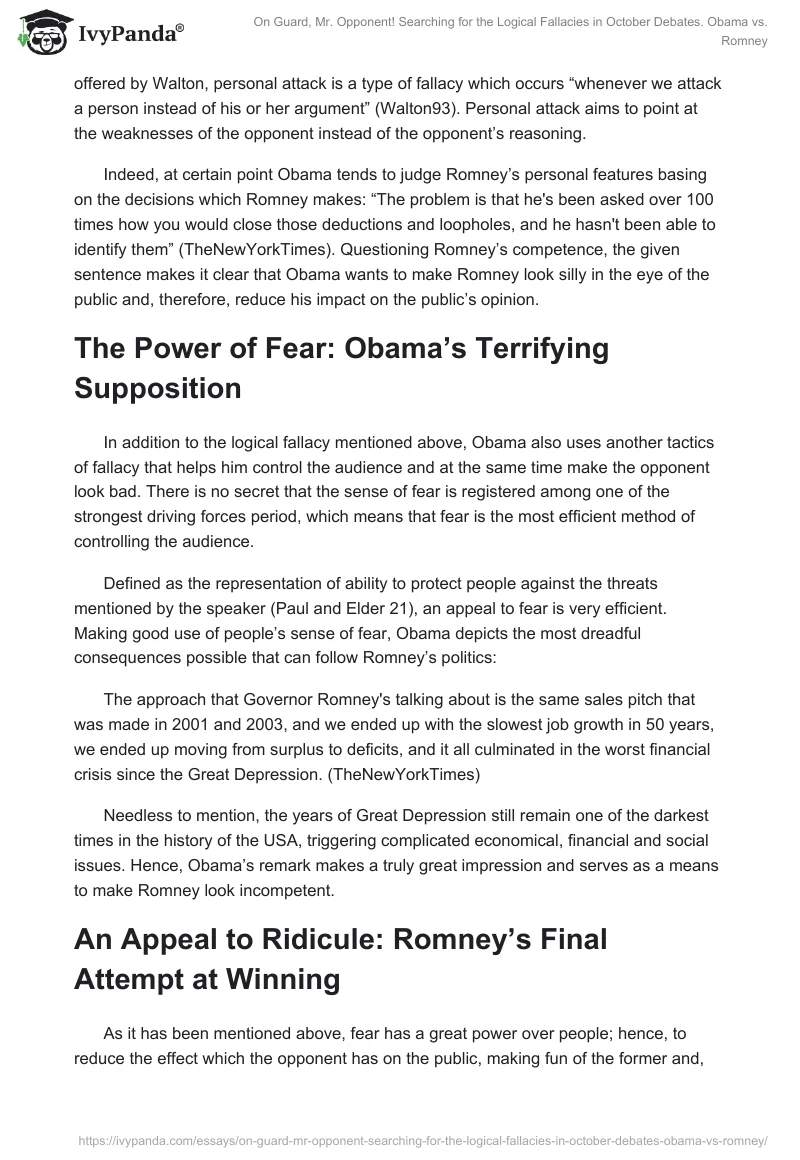 On Guard, Mr. Opponent! Searching for the Logical Fallacies in October Debates. Obama vs. Romney. Page 3