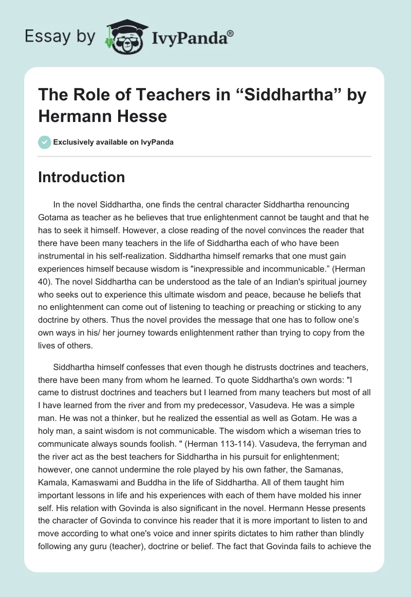 The Role of Teachers in “Siddhartha” by Hermann Hesse. Page 1