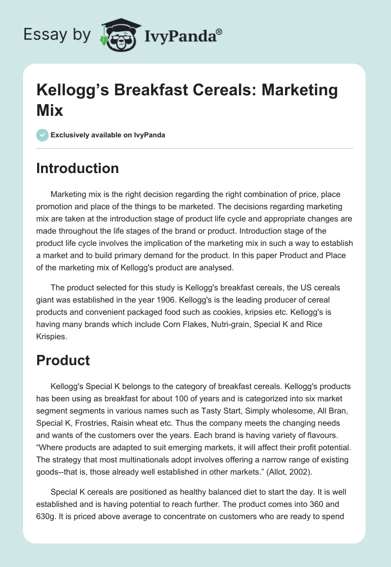 Kellogg’s Breakfast Cereals: Marketing Mix. Page 1