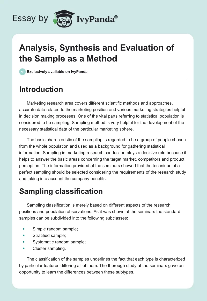Analysis, Synthesis and Evaluation of the Sample as a Method. Page 1