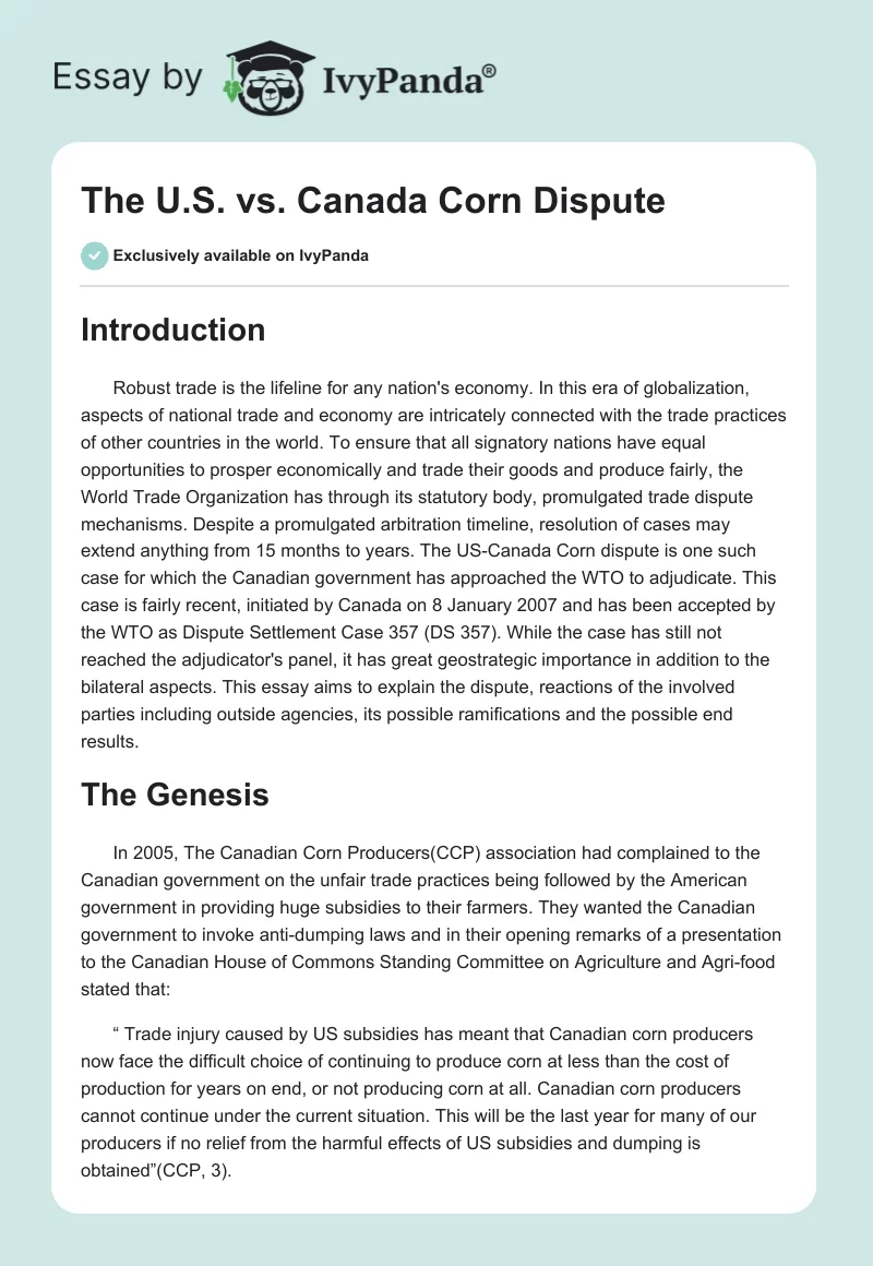 The U.S. vs. Canada Corn Dispute. Page 1