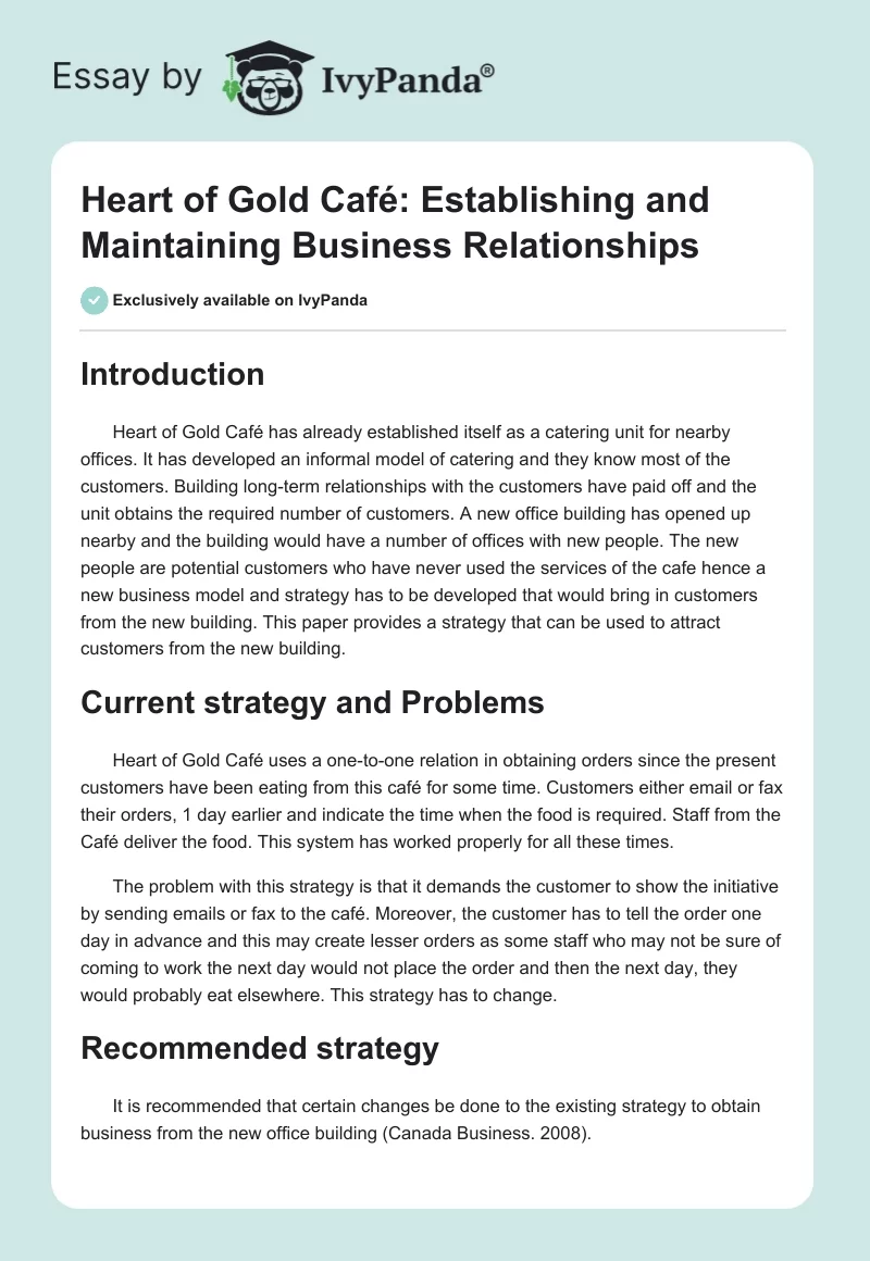 Heart of Gold Café: Establishing and Maintaining Business Relationships. Page 1