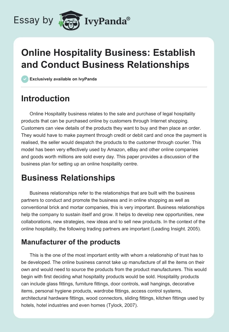 Online Hospitality Business: Establish and Conduct Business Relationships. Page 1