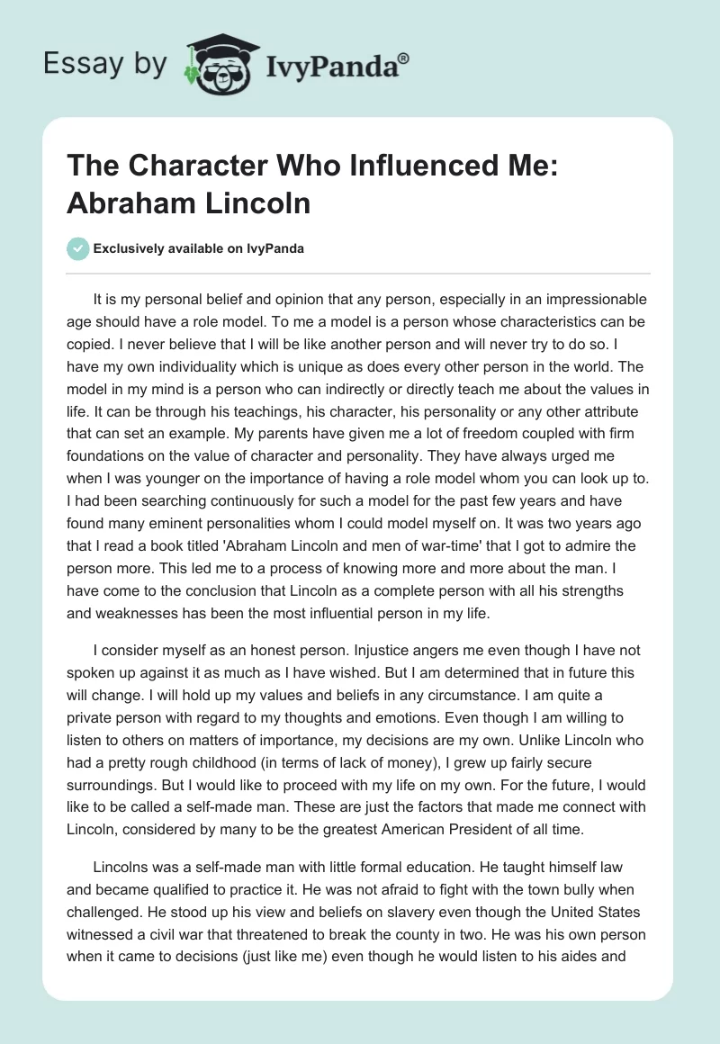 The Character Who Influenced Me: Abraham Lincoln. Page 1