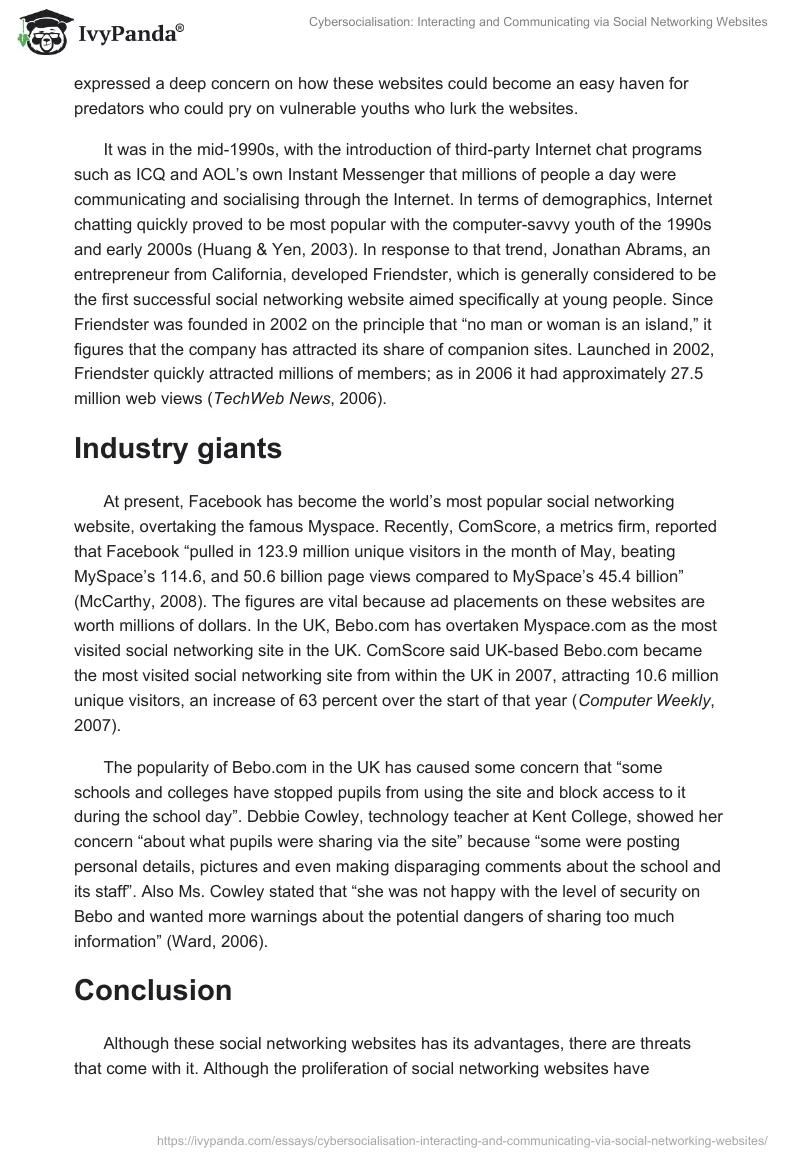 Cybersocialisation: Interacting and Communicating via Social Networking Websites. Page 2