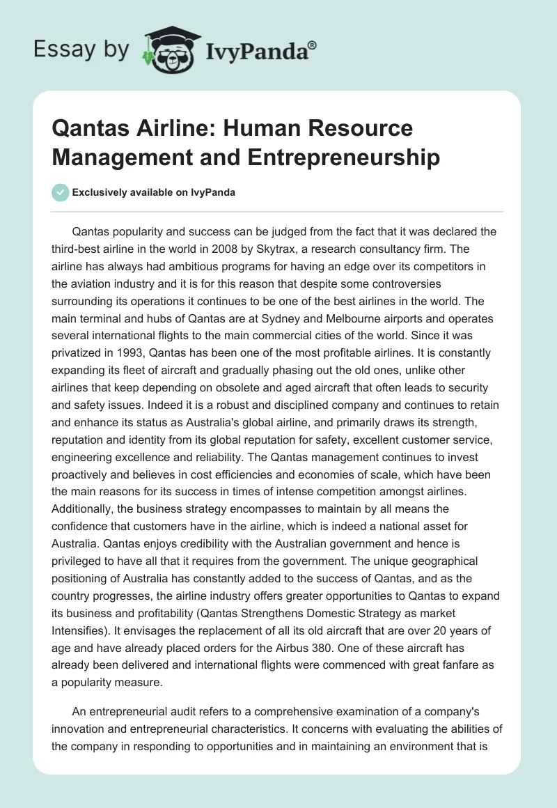 Qantas Airline: Human Resource Management and Entrepreneurship. Page 1