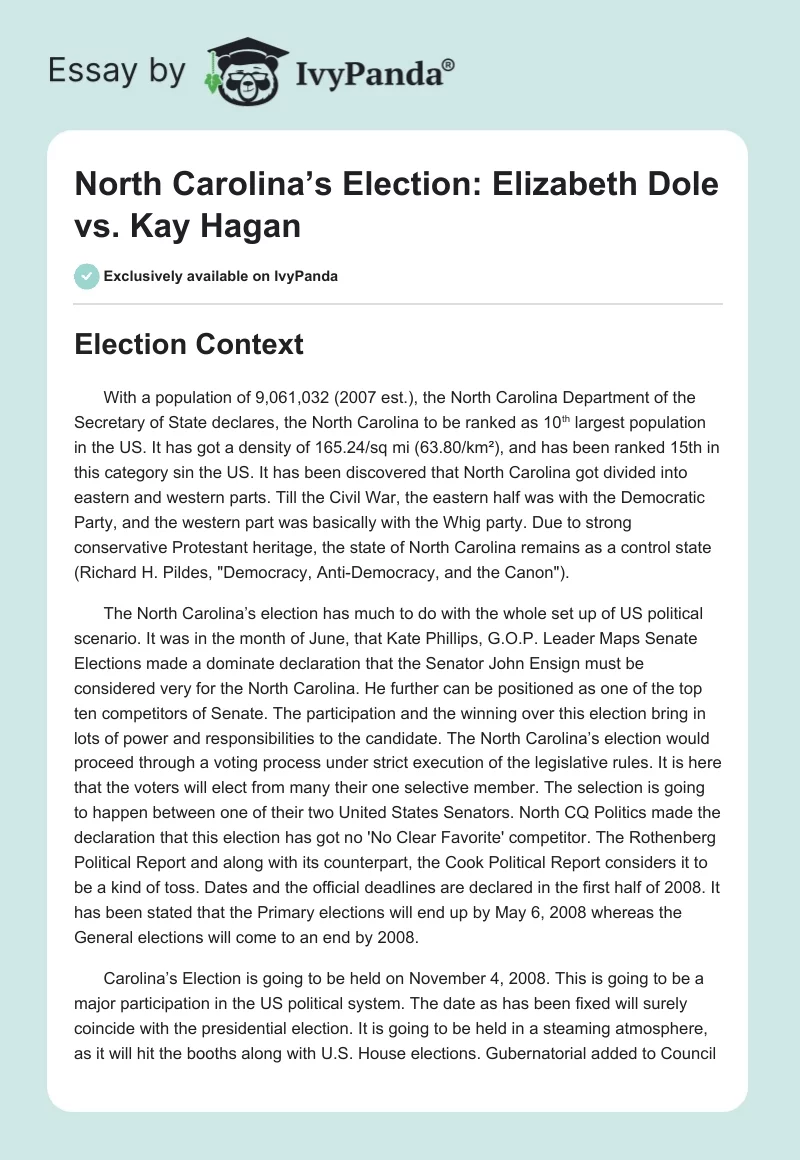 North Carolina’s Election: Elizabeth Dole vs. Kay Hagan. Page 1
