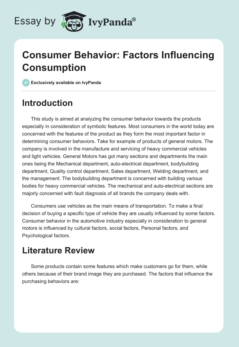 Consumer Behavior: Factors Influencing Consumption. Page 1