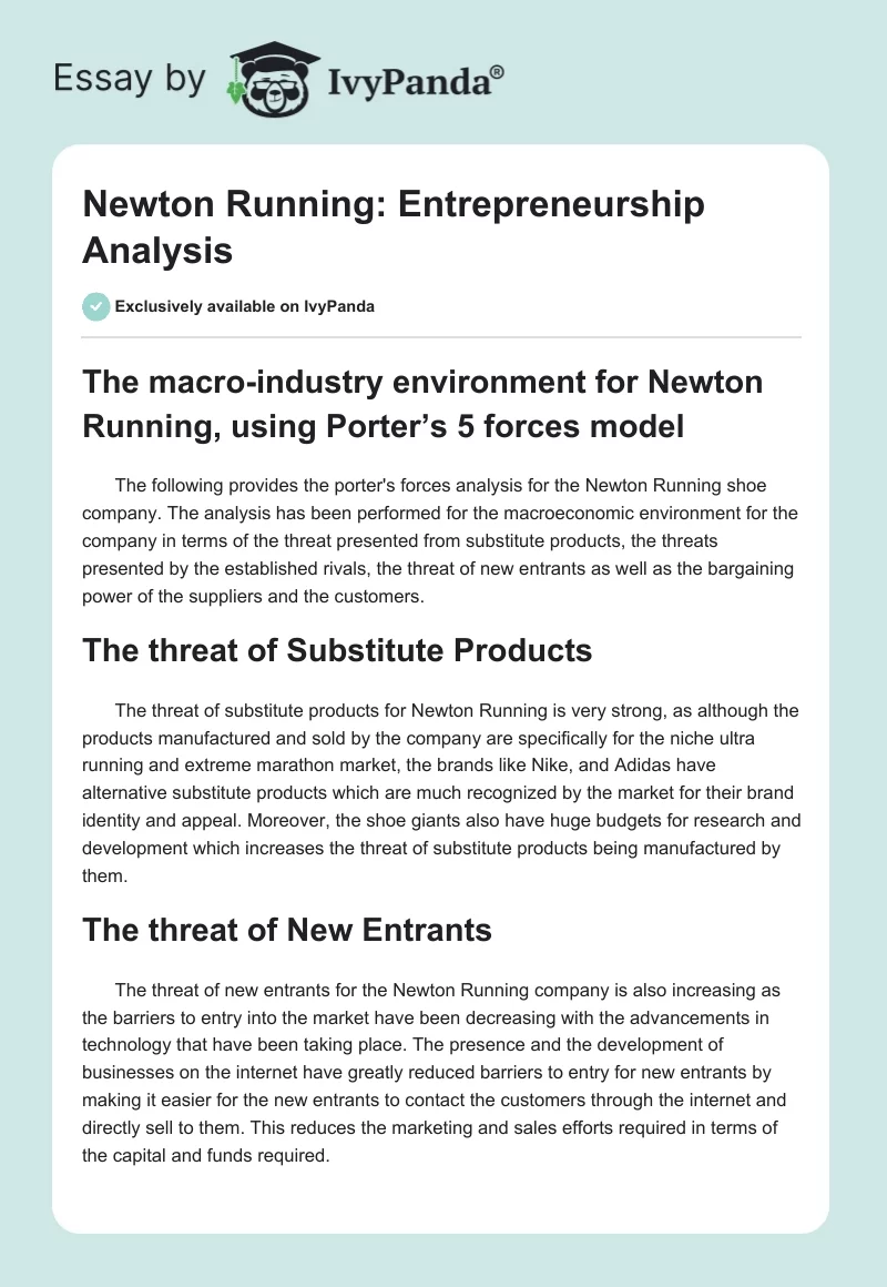 Newton Running: Entrepreneurship Analysis. Page 1