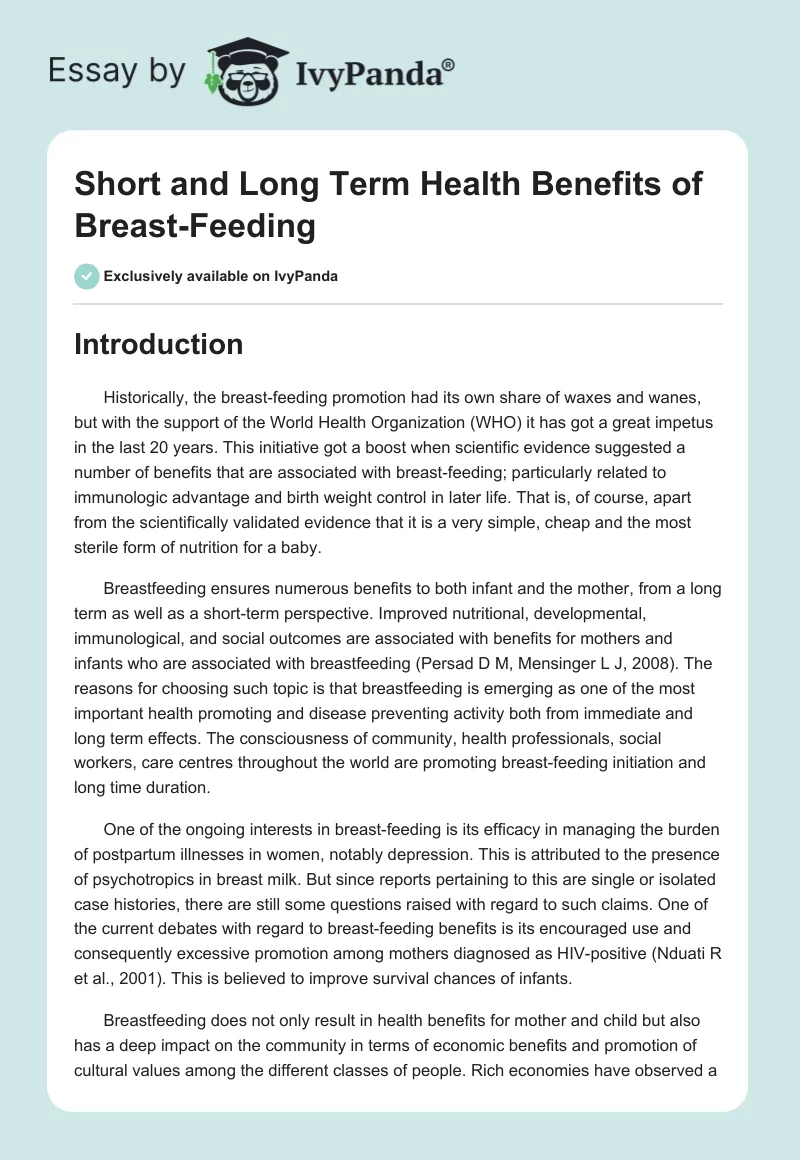 Short and Long Term Health Benefits of Breast-Feeding. Page 1