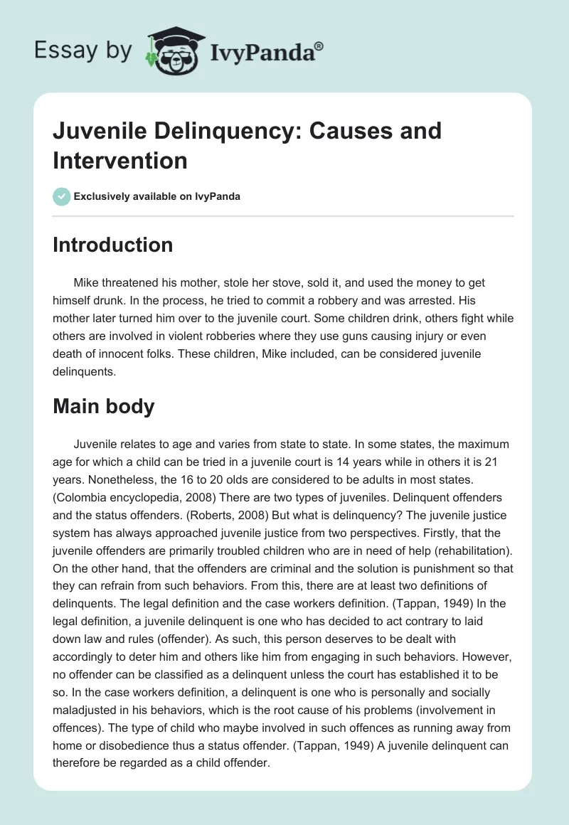 Juvenile Delinquency: Causes and Intervention. Page 1