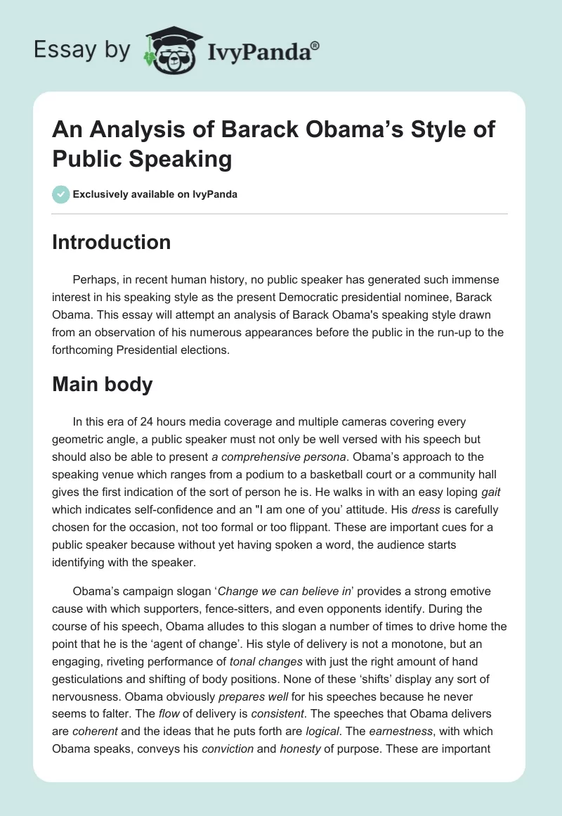 An Analysis of Barack Obama’s Style of Public Speaking. Page 1