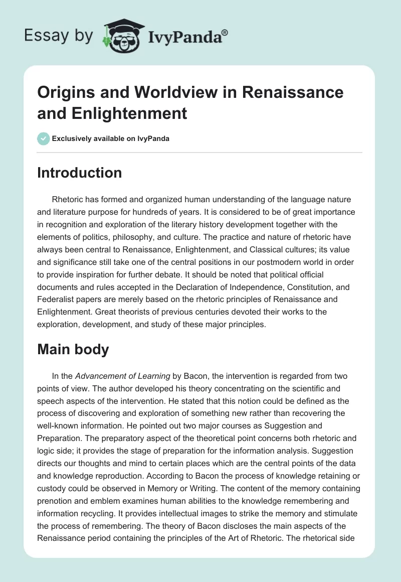 Origins and Worldview in Renaissance and Enlightenment. Page 1